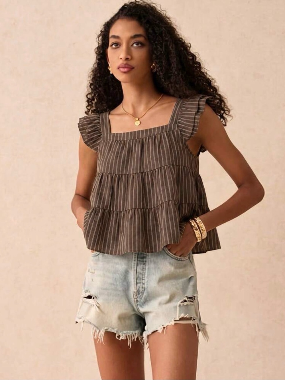 SHEIN Brown Striped Tiered Square-Neck Ruffle Camisole